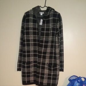 Christopher & Banks Black and Gray Plaid Hooded Cardigan